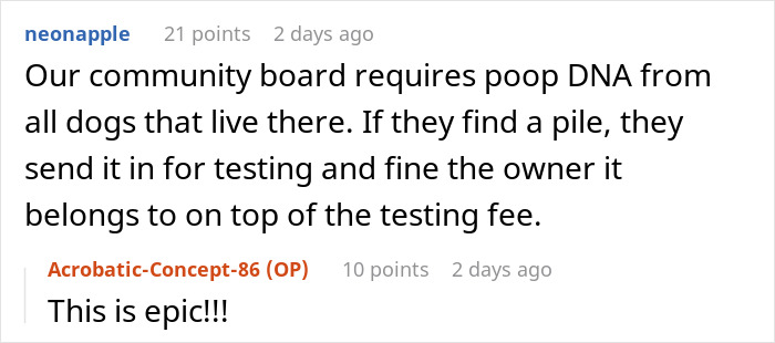Community board enforces dog poop DNA testing to teach rude dog owners respect and maintain neighborhood cleanliness.