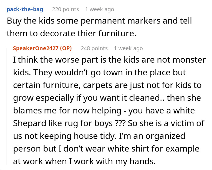 Online forum discussion about wife-turned-mean once got money, dealing with kids and household cleanliness issues.