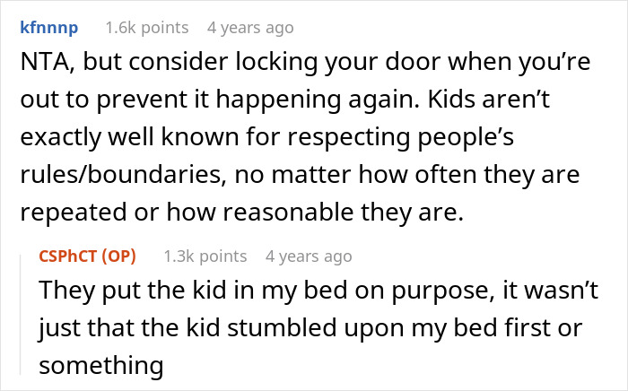 Reddit conversation about roommate conflict after GF&rsquo;s kid sleeps in roommate&rsquo;s bed and is later kicked out.