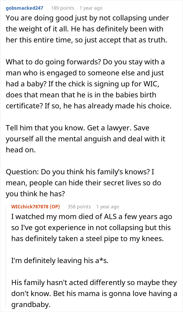 Online discussion about woman discovering husband's affair baby while setting up WIC profile at work and coping advice.