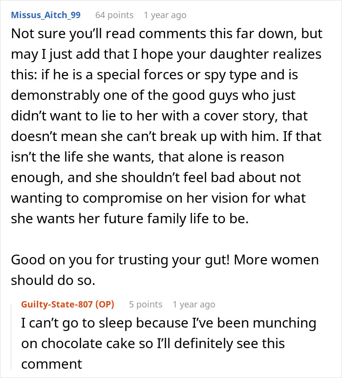 Comment discussing woman&rsquo;s boyfriend acting secretive and mysterious, and her mom considering hiring a private investigator.