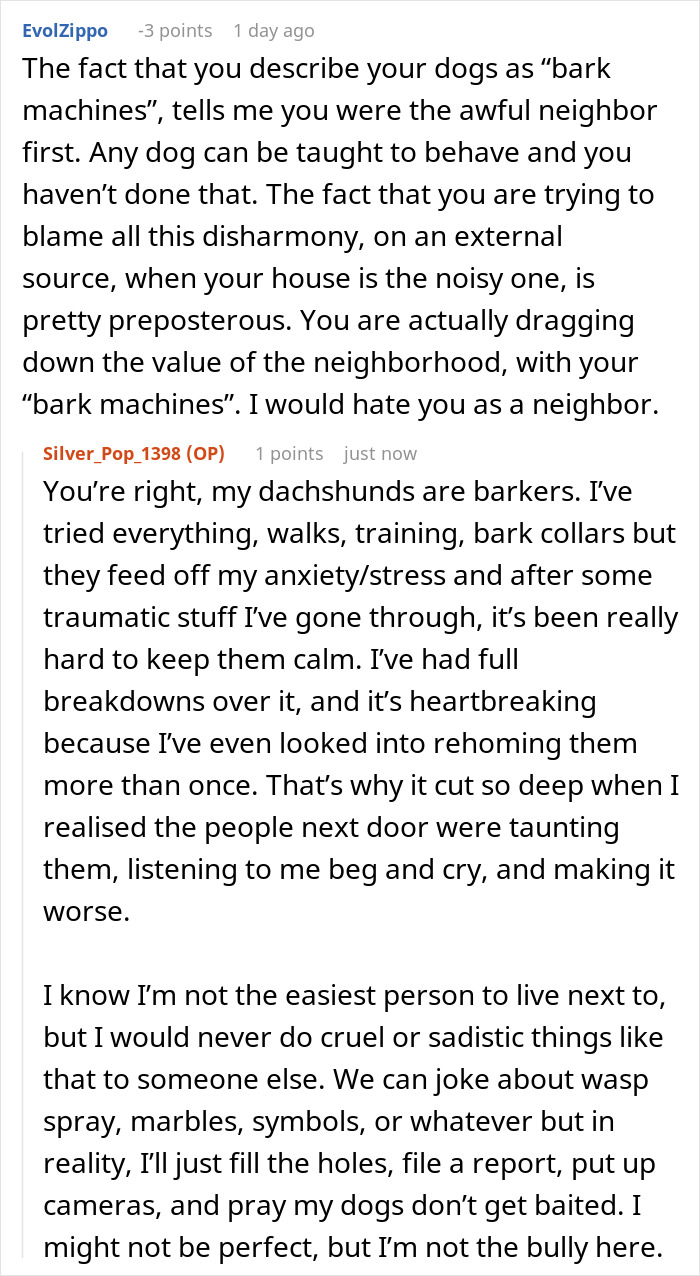 Reddit comments discussing neighbor drama about dogs barking, anxiety, and fence holes related to spying and taunting claims.