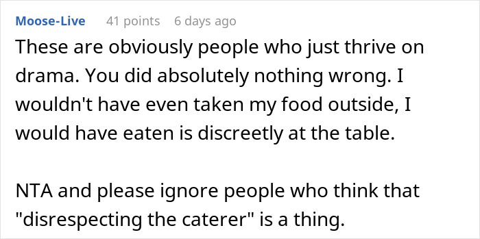 Screenshot of a forum comment discussing drama when a couple can&rsquo;t accommodate friend&rsquo;s diet at the wedding.