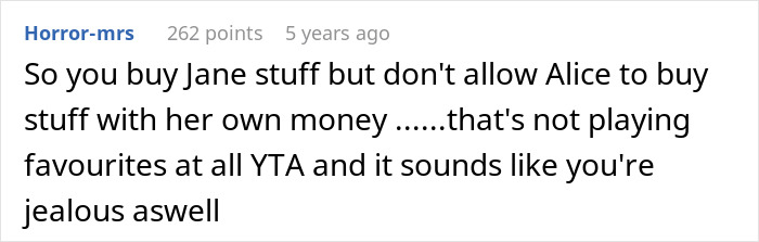 Comment about mom restricting daughter from buying expensive items to be fair to sibling, discussing family fairness issues.