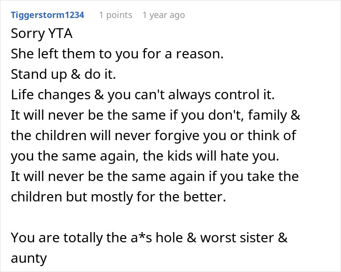 Comment discussing a woman’s life turning upside down after her late sister’s dying wish about children responsibility. Comment discussing a woman’s life turning upside down after her late sister’s dying wish about children responsibility.
