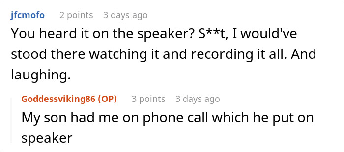 Screenshot of an online conversation about entitled neighbors who blocked a driveway and a phone call on speaker.