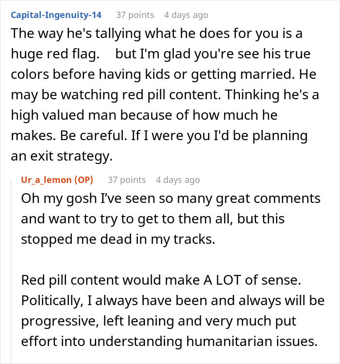 Screenshot of Reddit comments discussing red flags when a man starts earning more than his girlfriend a year into the relationship.