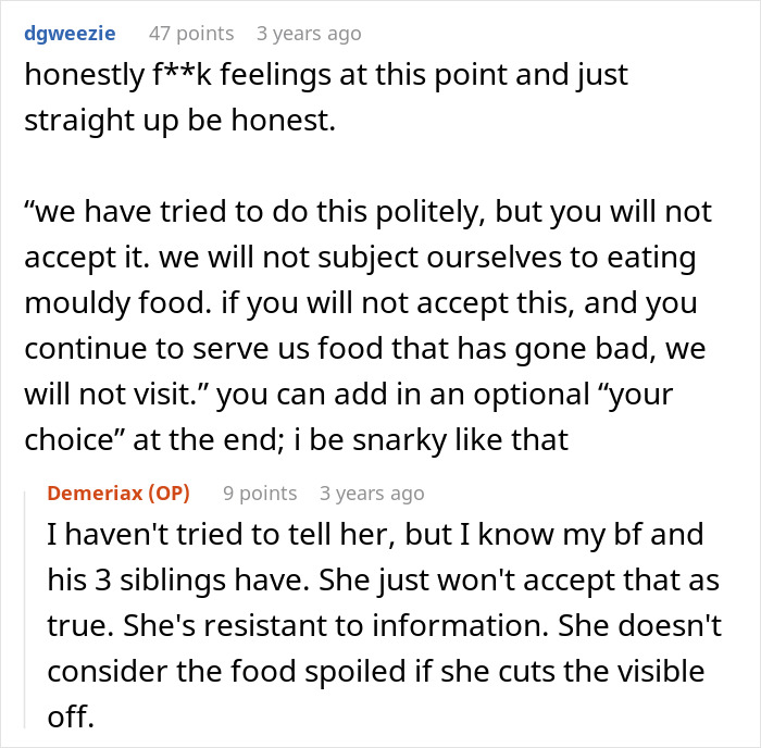 Text conversation discussing a cheap MIL bullying her son and girlfriend into eating spoiled food despite their refusal.