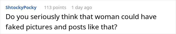 Comment discussing disbelief about woman faking pictures and posts, related to breaking up over photograph.