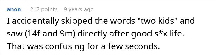 Comment discussing accidentally skipping words related to family that caused confusion in a humorous context about cheating and revenge.