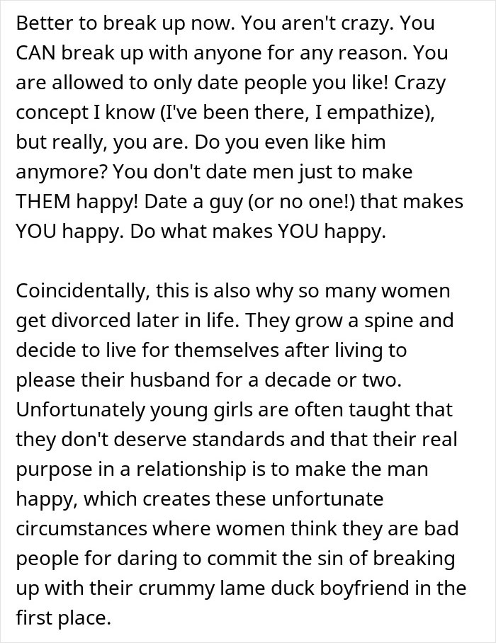 Text excerpt advising women on breaking up with unsatisfactory boyfriends and prioritizing their own happiness after finding hidden device planted by boyfriend.