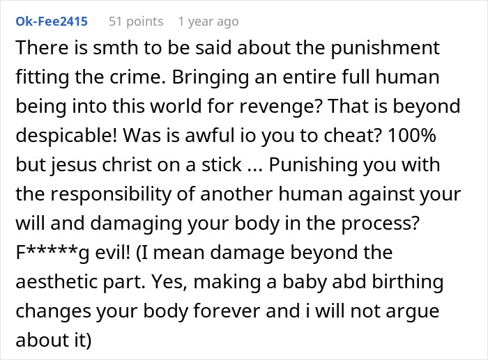 Comment discussing husband coercing wife into pregnancy as punishment, highlighting body damage and revenge aspect.