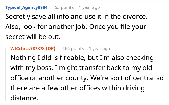 Woman reacts to discovering husband's affair baby while setting up WIC profile at work, discussing job and transfer options.
