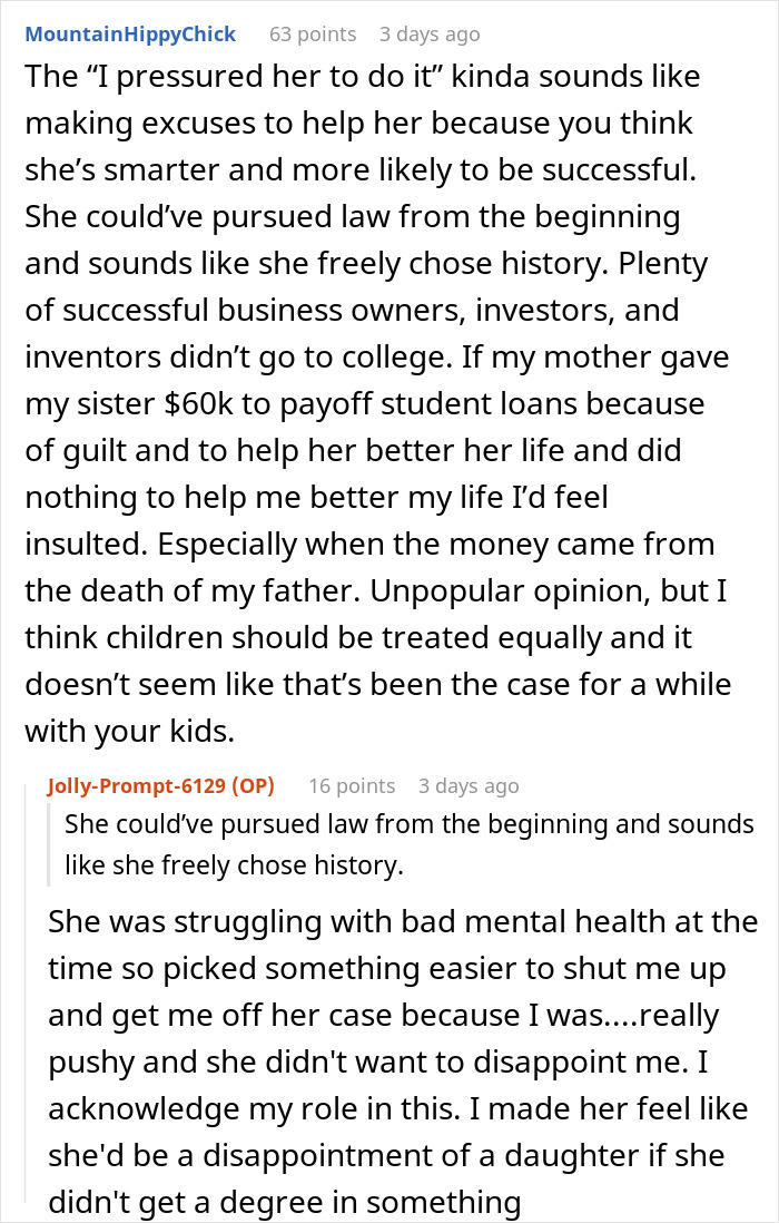 Reddit user discussing paying off daughter student loans and family dynamics involving guilt and equality in support.