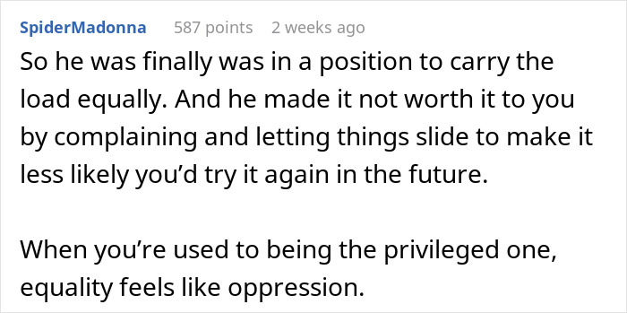 Screenshot of a forum comment discussing the struggles of a hurt working mom with an ignorant husband about equality in household tasks.