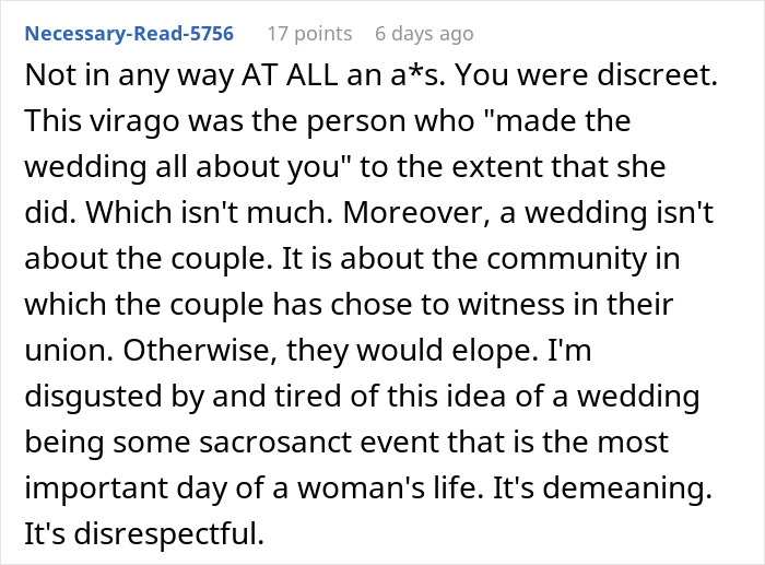 Text post discussing drama when a couple can&rsquo;t accommodate friend&rsquo;s diet at the wedding and she brings her own food.