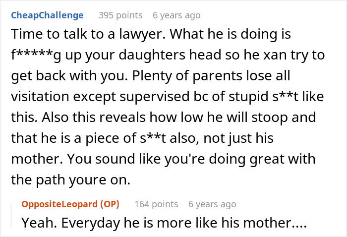 Comment discussing legal advice and parental visitation issues related to a family conflict involving a toddler and essential oils.
