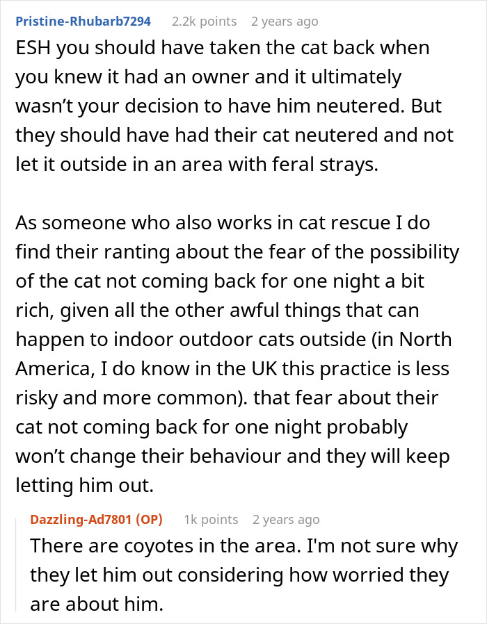 User comments discussing the drama and concerns of neutering cat owners and risks of outdoor cats in rescue communities.