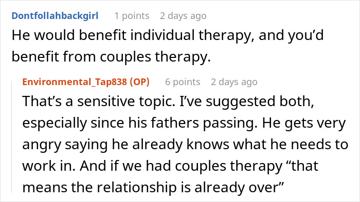 Online conversation discussing inlaws pushing boundaries during divorce and challenges with couples therapy suggestions.