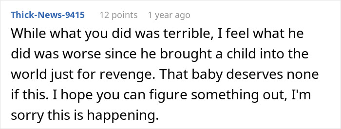 Screenshot of a Reddit comment discussing husband coercing wife into pregnancy as punishment for cheating.