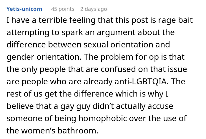 Comment discussing a gay man finding men's restroom unsafe and a female colleague's frustration over his bathroom choice.