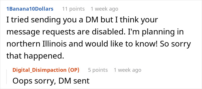 Comment section with users discussing message requests and a DM sent, related to a bridezilla wedding photoshoot crash story.