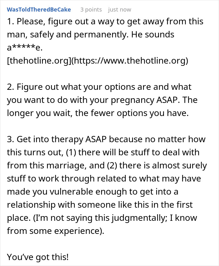 Screenshot of an online comment advising on pregnancy and urging therapy after husband&rsquo;s loyalty test posing as pregnant wife.