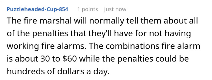 Reddit comment explaining fire marshal penalties for landlords about non-working fire alarms in landlord malicious compliance drama context.