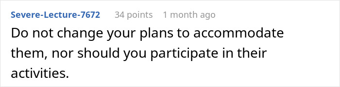 Text post on a forum where a user advises against changing plans or participating in others&rsquo; activities, relating to baby shower planning conflicts.