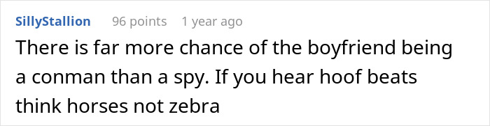 Text comment about boyfriend acting secretive and mysterious, mentioning suspicion and hiring a private investigator.