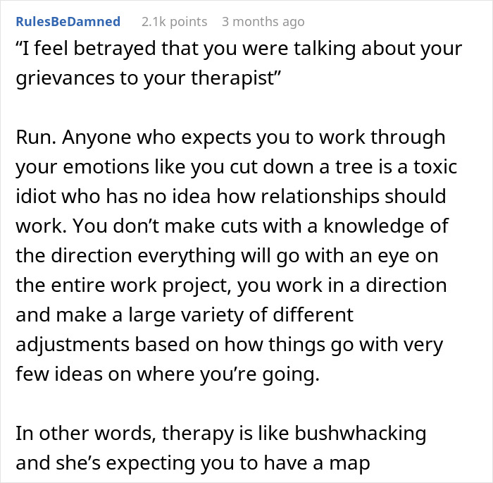 Comment discussing feelings of betrayal after woman eavesdrops on boyfriend’s private therapy session and reacts angrily. Comment discussing feelings of betrayal after woman eavesdrops on boyfriend’s private therapy session and reacts angrily.