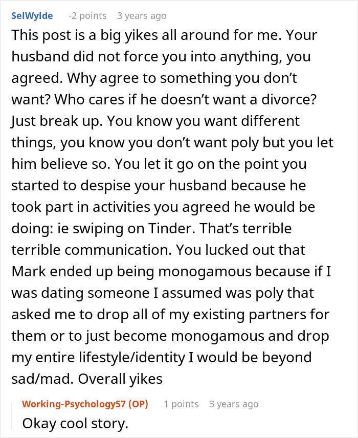 Reddit comment discussing polyamory, open marriage regrets, and relationship communication issues in a personal story.