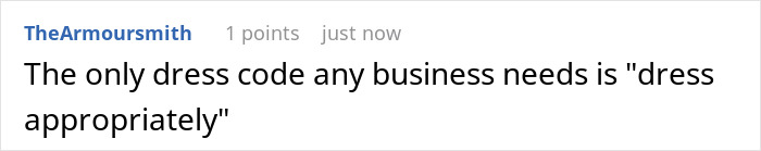 Comment about business dress code humorously reacting to overly strict workplace dress rules, highlighting employee pushback. Comment about business dress code humorously reacting to overly strict workplace dress rules, highlighting employee pushback.