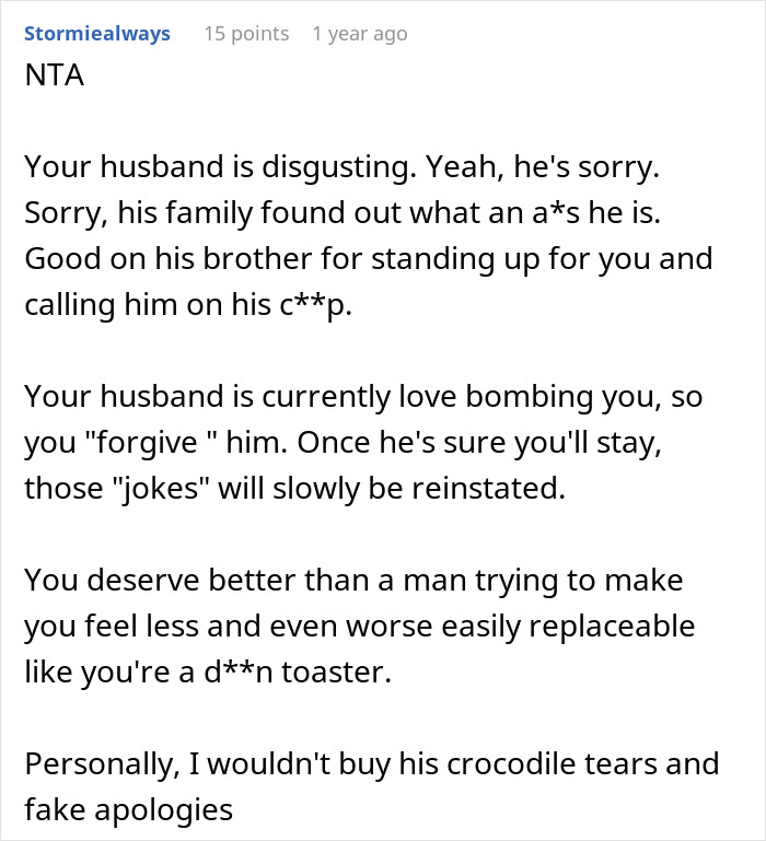 Comment discussing a man joking about trading his wife for a younger woman and his twin brother offering to date her instead.