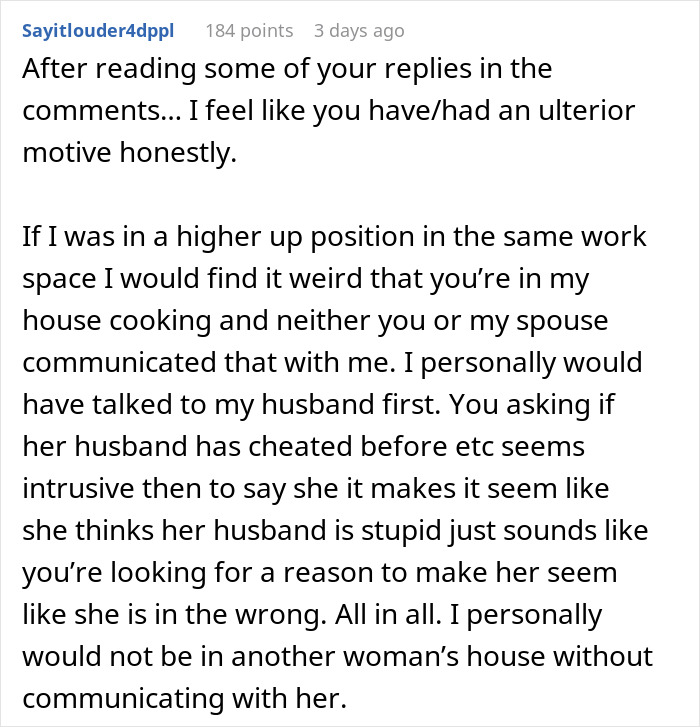 Comment discussing a woman helping a struggling coworker while his wife deals with a family loss, mistaken for a mistress. Comment discussing a woman helping a struggling coworker while his wife deals with a family loss, mistaken for a mistress.