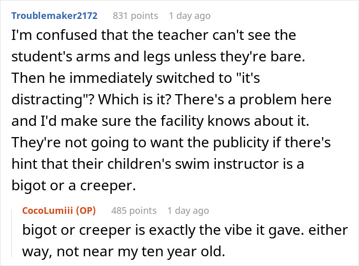 Online conversation about male swim teacher telling 10-year-old to remove modest swimwear or skip lesson. Online conversation about male swim teacher telling 10-year-old to remove modest swimwear or skip lesson.