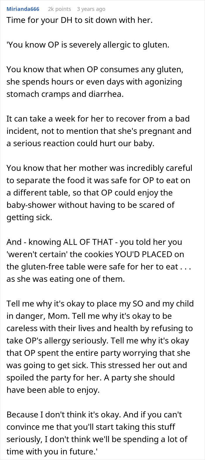 Screenshot of a Reddit comment discussing gluten allergy risks at a baby shower and MIL sabotaging allergy-safe food. Screenshot of a Reddit comment discussing gluten allergy risks at a baby shower and MIL sabotaging allergy-safe food.