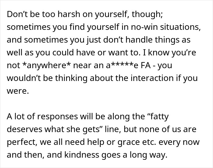 Text excerpt about a flight attendant reflecting on offering a seatbelt extender to an overweight woman. Text excerpt about a flight attendant reflecting on offering a seatbelt extender to an overweight woman.