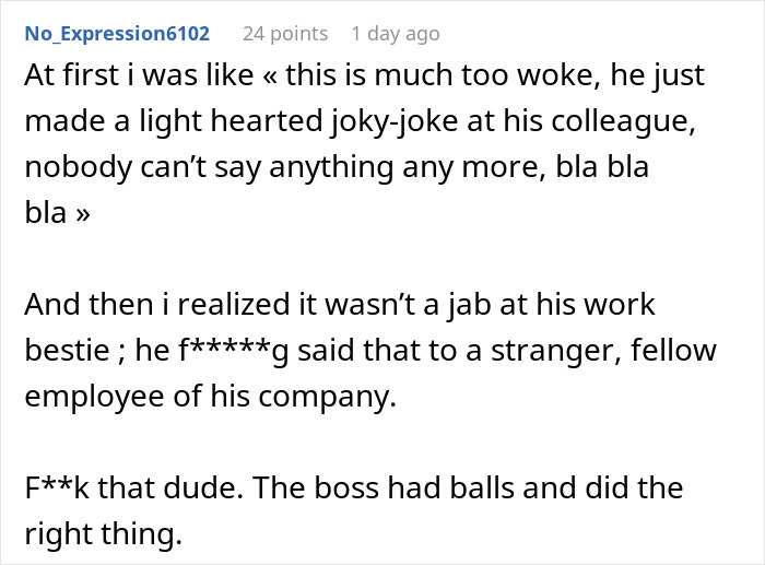 Screenshot of online comment discussing CFO firing employee immediately after body-shaming remark in workplace controversy.
