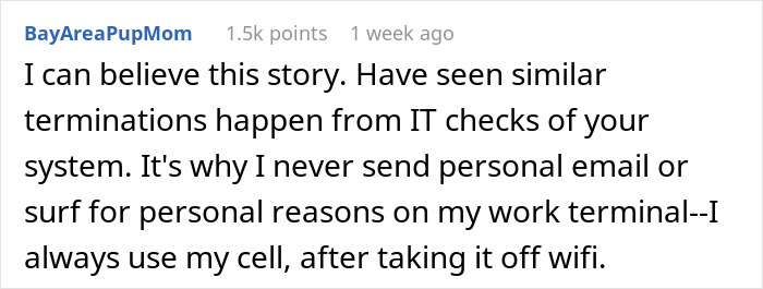 Comment on a forum about IT checks at work, cautioning against using work terminals for personal use. Comment on a forum about IT checks at work, cautioning against using work terminals for personal use.