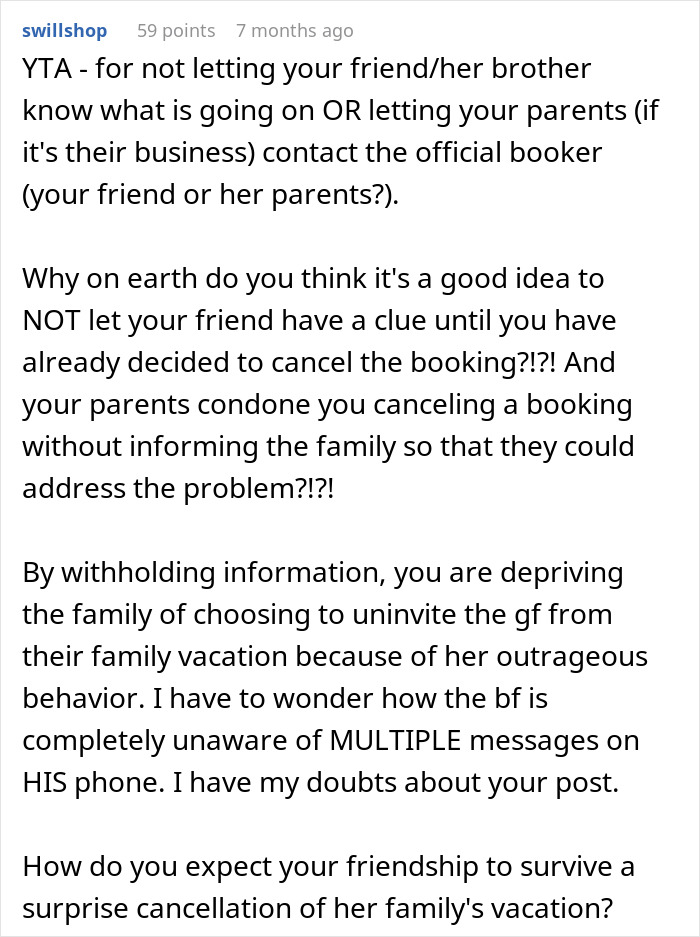 Woman considers canceling friend's holiday booking after harassment by her brother&rsquo;s girlfriend in a <a target=