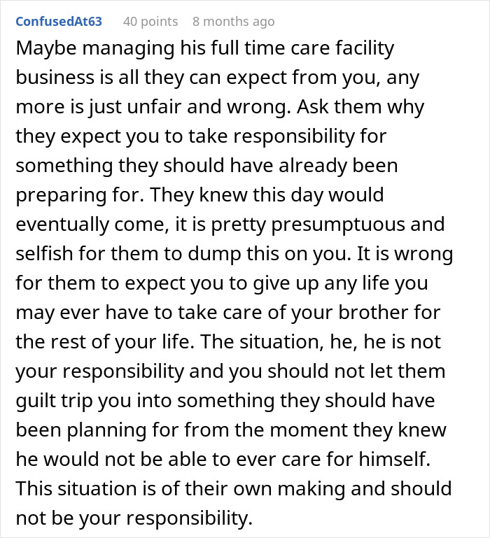 Comment discussing unfair parental expectations for a son to give up his life to care for autistic brother.