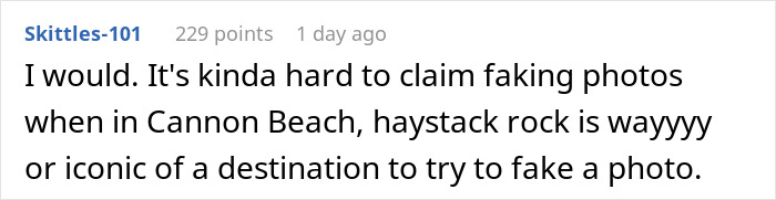 Commenter Skittles-101 discussing the difficulty of faking photos at Cannon Beach&rsquo;s iconic haystack rock location.