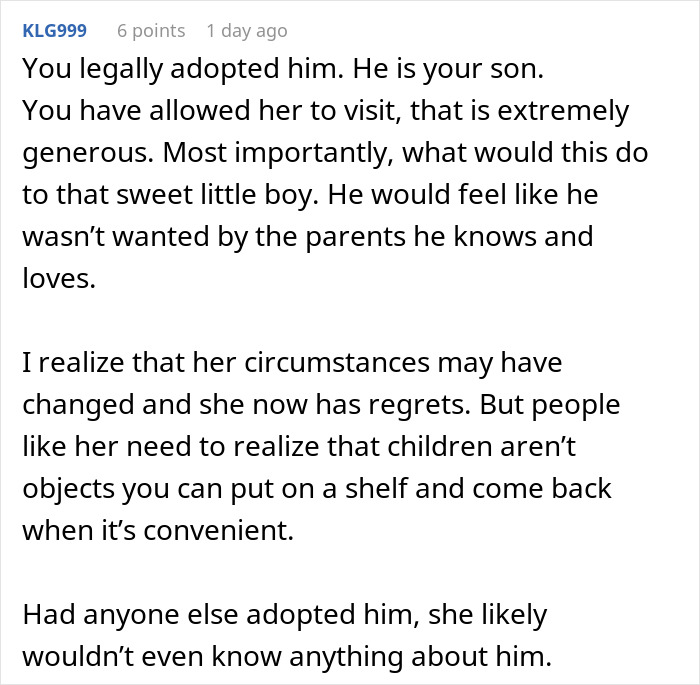 Comment discussing a mom wanting her baby back 8 years after giving up custody and adoption issues.