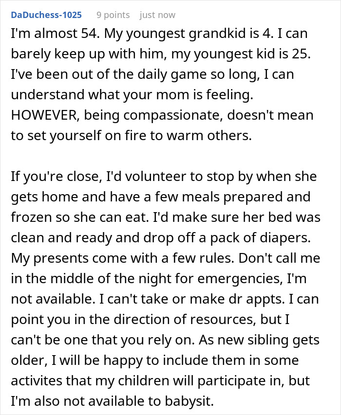 Comment about a 46-year-old getting pregnant and adult kids managing expectations for 24/7 help and support.