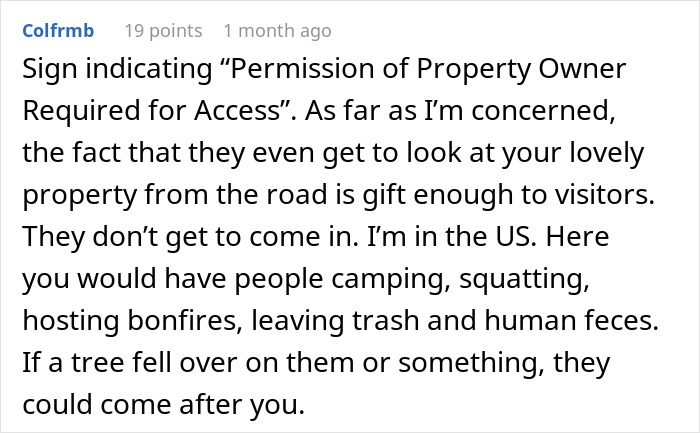 Comment about property access and dog walking rules on private land, discussing camping, trespassing, and visitor restrictions.