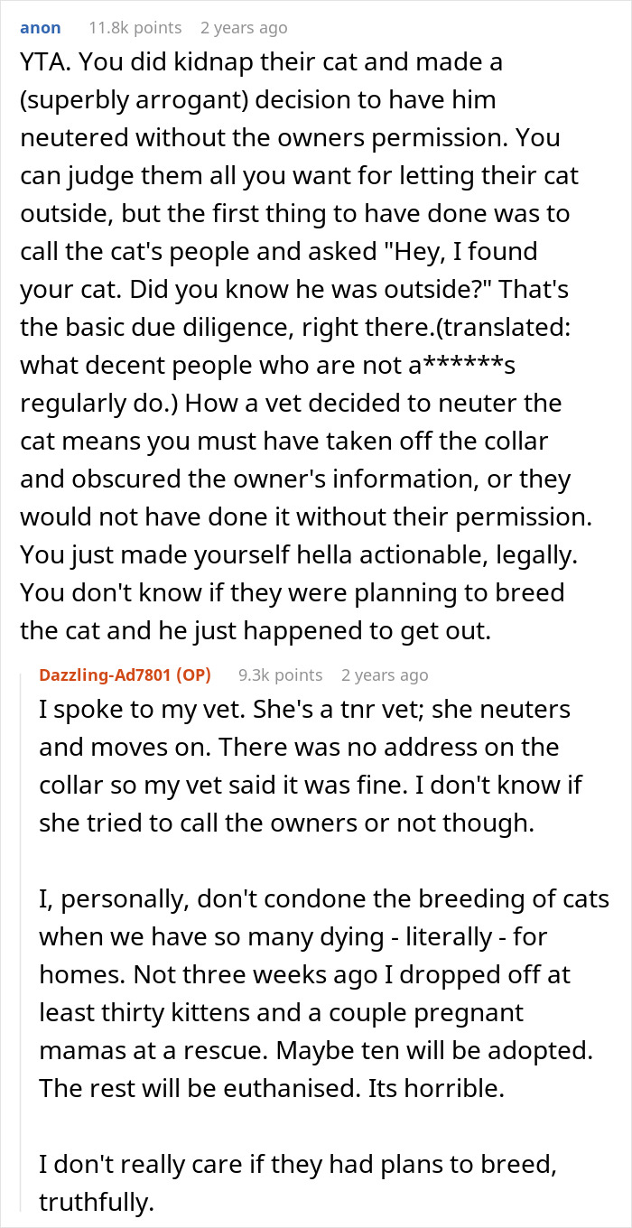 Reddit discussion showing neutering cat owners drama with arguments over permission and ethical concerns.
