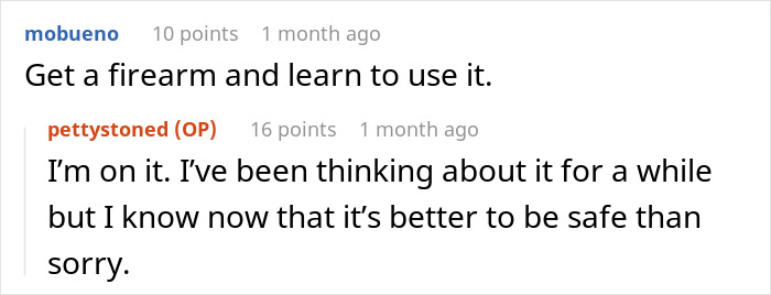 Screenshot of a conversation where a user suggests getting a firearm for safety against a stalker customer who found their home.