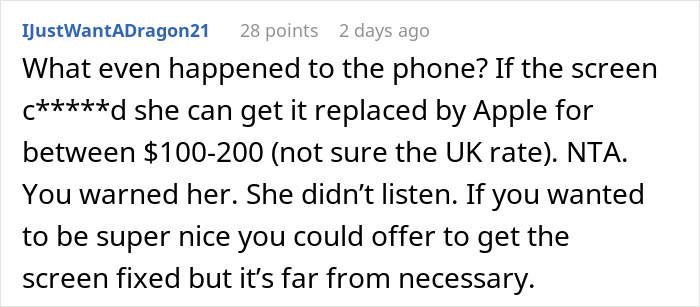 Screenshot of a Reddit comment discussing refusing to pay for a broken iPhone and Gucci sunglasses after a baby accident.