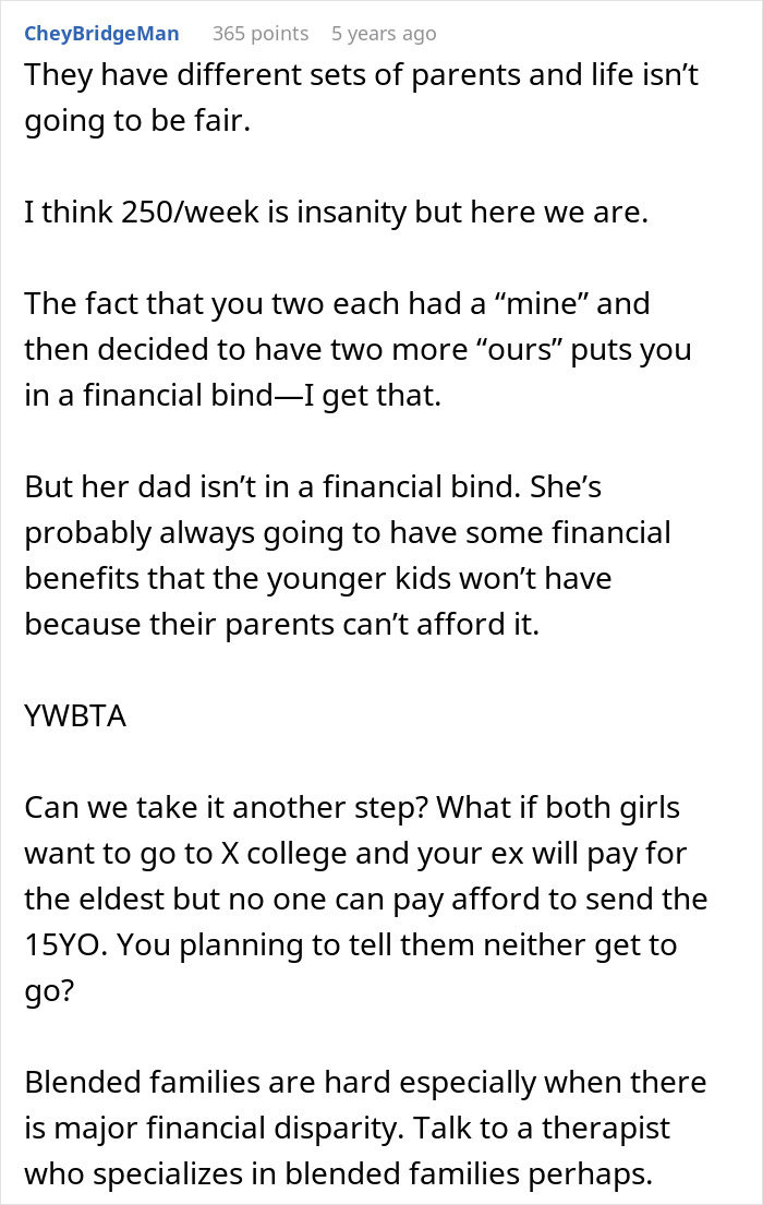 Comment discussing financial fairness and challenges in blended families where mom limits expensive purchases to avoid sibling unfairness.